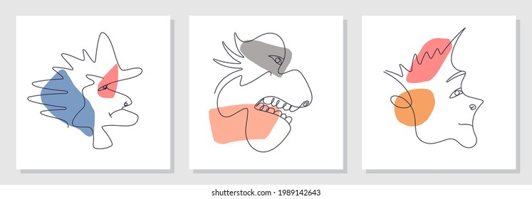 Trendy abstract faces set. Funny caricatures. Side view in profile. Contemporary minimal lineart vector design 