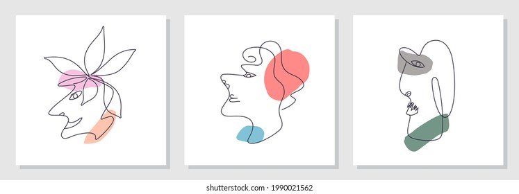 Trendy abstract faces set. Funny caricatures. Side view in profile. Contemporary minimal lineart vector design 