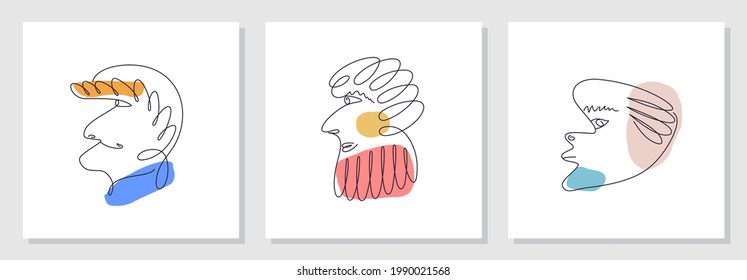 Trendy abstract faces set. Funny caricatures. Side view in profile. Contemporary minimal lineart vector design 
