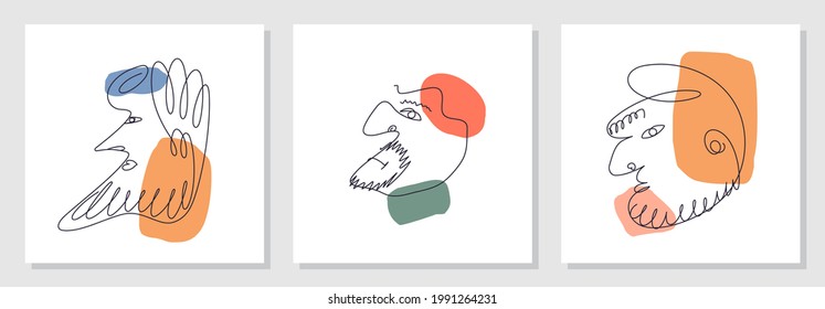 Trendy abstract faces set. Funny caricatures. Side view in profile. Contemporary minimal lineart vector design 