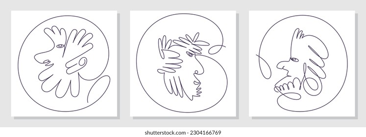 Trendy abstract faces set. Funny caricatures. Side view in profile. Contemporary minimal lineart vector illustrations