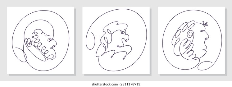 Trendy abstract faces set. Funny caricatures. Side view in profile. Contemporary minimal lineart vector illustrations