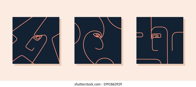 Rostros abstractos de moda. Formas geométricas surrealistas y líneas en estilo minimalista. Diseño de vectores