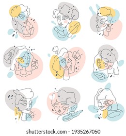 Trendy abstract female faces. Continuous lines people heads, beautiful woman contemporary portrait, elegant fashion characters. Vector set