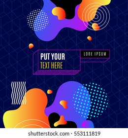 Trendy abstract flat poster with circles zigzag and colorful blots on geometric cubes background vector illustration