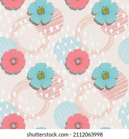Trendy abstract floral seamless pattern, spring background. Vector hand drawn illustration