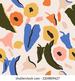 Trendy abstract floral seamless pattern. Surreal tropical flowers blossom repeat wallpaper. Vector