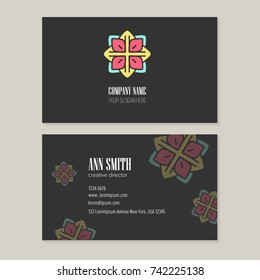 Trendy abstract flower Logo Design with template business card for creative director. Visual identity for modern shop, cosmetics packaging, beauty and spa studio.