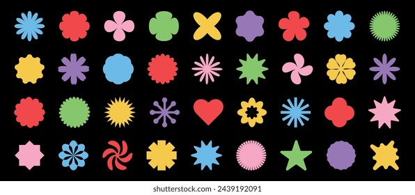 Trendy abstract flower shapes, geometric shapes. Star, flower, heart in a playful style on an isolated background. Elements for creating designs for stickers, posters, social networks, web design.