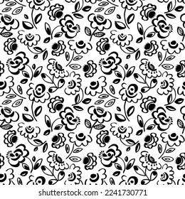 Trendy abstract flowers seamless pattern. Hand drawn vector botanical background. Brush black leaves and flowers. Black ink illustration with floral motif.