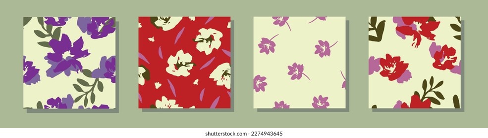 Trendy abstract flowers seamless pattern set. 