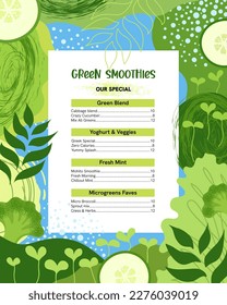 Trendy abstract frame template with orghanic shapes hand drawn elements. Green color plant motifs - leaves, sprouts, micro greens, veggies. Green farm food theme. Modern vector background copy space.