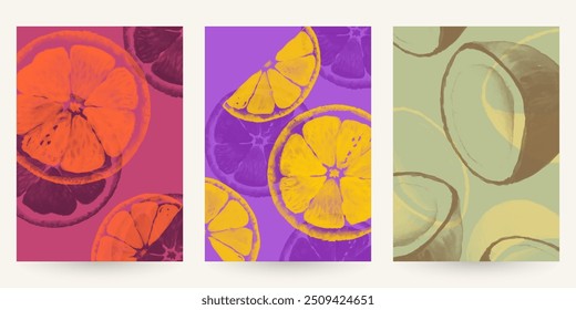 Cartazes de frutas abstratos da moda. Limão, toranja, laranja, coco. Ilustração de vetor colorido brilhante