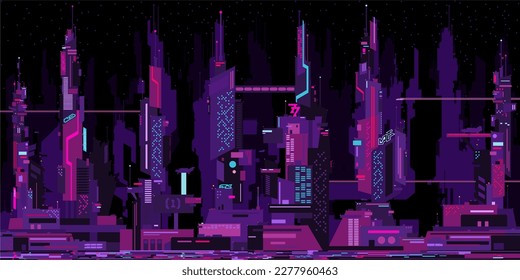 Trendy Abstract Futuristic Sci-fi Cyber Space Neon Night City Landscape Vector Illustration