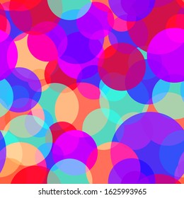 Trendy abstract geometric background in bright neon colors. Seamless pattern with violet, purple, orange and turquoise circles. for a background, wallpaper, wrapping paper, backdrop, textile print.