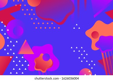 Trendy abstract geometric background design with triangles and circles in trendy 2020 vibrant colors. Can be used as landing page or a poster. Bright bold color gradients. Flat style. Vector graphic.