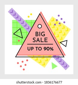 Trendy abstract geometric bubble hot sale. New arrival, big sale and special offer. Black friday up to. Big discount. Vivid banner retro poster design style. Vintage colors and shapes in memphis style