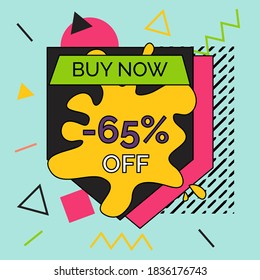 Trendy abstract geometric bubble hot sale. New arrival, big sale and special offer. Black friday up to. Big discount. Vivid banner retro poster design style. Vintage colors and shapes in memphis style