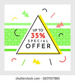 Trendy abstract geometric bubble hot sale. New arrival, big sale and special offer. Black friday up to. Big discount. Vivid banner retro poster design style. Vintage colors and shapes in memphis style