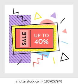 Trendy abstract geometric bubble hot sale. New arrival, big sale and special offer. Black friday up to. Big discount. Vivid banner retro poster design style. Vintage colors and shapes in memphis style