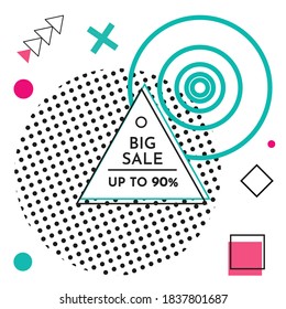 Trendy abstract geometric bubble hot sale. New arrival, big sale and special offer. Black friday up to. Big discount. Vivid banner retro poster design style. Vintage colors and shapes in memphis style