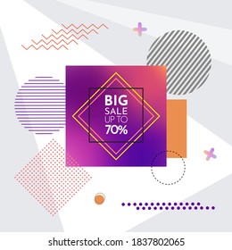 Trendy abstract geometric bubble hot sale. New arrival, big sale and special offer. Black friday up to. Big discount. Vivid banner retro poster design style. Vintage colors and shapes in memphis style
