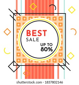 Trendy abstract geometric bubble hot sale. New arrival, big sale and special offer. Black friday up to. Big discount. Vivid banner retro poster design style. Vintage colors and shapes in memphis style