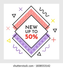 Trendy abstract geometric bubble hot sale. New arrival, big sale and special offer. Black friday up to. Big discount. Vivid banner retro poster design style. Vintage colors and shapes in memphis style