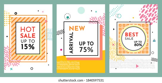 Trendy abstract geometric bubble hot sale. New arrival, big sale and special offer. Black friday up to. Big discount. Vivid banner retro poster design style. Vintage colors and shapes in memphis style