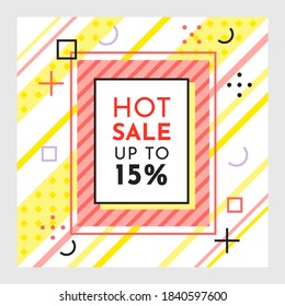 Trendy abstract geometric bubble hot sale. New arrival, big sale and special offer. Black friday up to. Big discount. Vivid banner retro poster design style. Vintage colors and shapes in memphis style