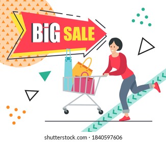 Trendy abstract geometric bubble hot sale. New arrival, big sale and special offer. Black friday up to. Big discount. Girl run with shopping bags in cart. Vintage color and shapes in memphis style