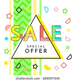 Trendy abstract geometric bubble hot sale. New arrival, big sale and special offer. Black friday up to. Big discount. Vivid banner retro poster design style. Vintage colors and shapes in memphis style