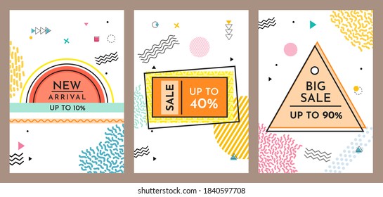 Trendy abstract geometric bubble hot sale. New arrival, big sale and special offer. Black friday up to. Big discount. Vivid banner retro poster design style. Vintage colors and shapes in memphis style