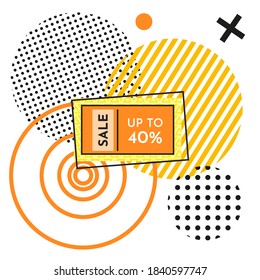 Trendy abstract geometric bubble hot sale. New arrival, big sale and special offer. Black friday up to. Big discount. Vivid banner retro poster design style. Vintage colors and shapes in memphis style