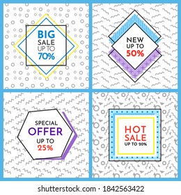 Trendy abstract geometric bubble hot sale. New arrival, big sale and special offer. Black friday up to. Big discount. Vivid banner retro poster design style. Vintage colors and shapes in memphis style