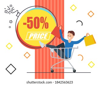 Trendy abstract geometric bubble hot sale. New arrival big sale and special offer. Black friday up to. Big discount. Man in shopping cart and holds shopping bag. Vintage color and shapes memphis style