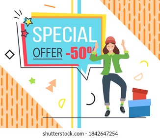 Trendy abstract geometric bubble hot sale 50 percents. New arrival, big sale and special offer. Black friday up to. Big discount. Girl dancing near gift boxes. Vintage color and shapes in memphis