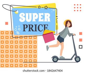 Trendy abstract geometric bubble hot sale. New arrival, big sale and special offer. Black friday up to. Big discount. Girl with shopping bags in hand rides a scooter. Vintage shapes in memphis style