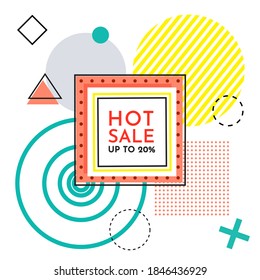 Trendy abstract geometric bubble hot sale. New arrival, big sale and special offer. Black friday up to. Big discount. Vivid banner retro poster design style. Vintage colors and shapes in memphis style