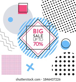 Trendy abstract geometric bubble hot sale. New arrival, big sale and special offer. Black friday up to. Big discount. Vivid banner retro poster design style. Vintage colors and shapes in memphis style