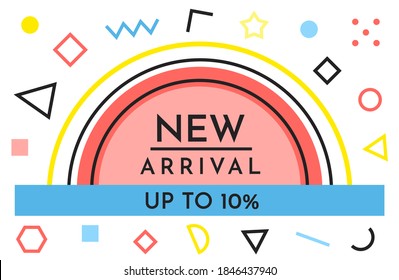 Trendy abstract geometric bubble hot sale. New arrival, big sale and special offer. Black friday up to. Big discount. Vivid banner retro poster design style. Vintage colors and shapes in memphis style