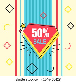 Trendy abstract geometric bubble hot sale. New arrival, big sale and special offer. Black friday up to. Big discount. Vivid banner retro poster design style. Vintage colors and shapes in memphis style