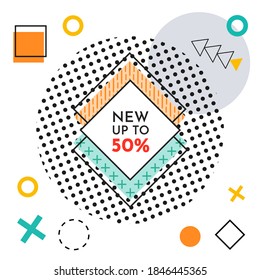 Trendy abstract geometric bubble hot sale. New arrival, big sale and special offer. Black friday up to. Big discount. Vivid banner retro poster design style. Vintage colors and shapes in memphis style
