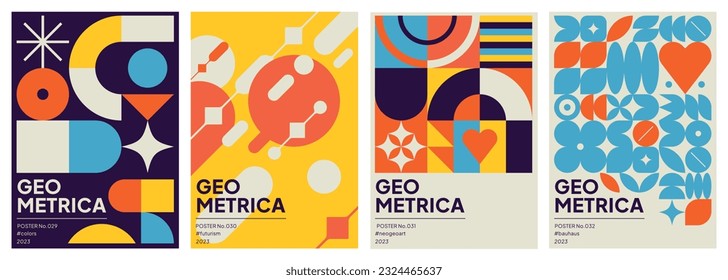 Trendy, abstract, geometric and colorful poster set with basic shapes, influenced by Swiss style.