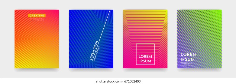 Trendy abstract geometric line pattern background for business brochure cover design. Bright orange, blue, yellow and green gradient vector banner poster template