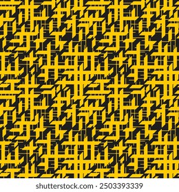 Trendy abstract geometric pattern with intersecting lines and blocks, creating an optical effect. Black pattern isolated on yellow background, modern and dynamic, streetwear calligraffiti style.