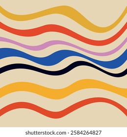 Trendy abstract geometric pattern in retro style. Colorful deformed stripes on a beige background. Vector illustration for poster, social networks, card, patch