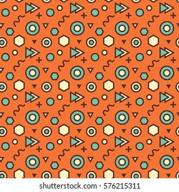 Trendy abstract geometric seamless pattern. Retro 80s or 90s memphis style. Vector hipster background with hexagons, triangles, circles, lines. 