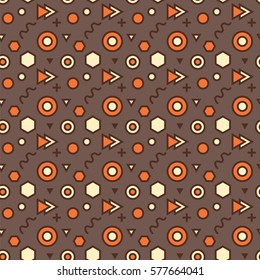 Trendy abstract geometric seamless pattern. Retro 80s or 90s memphis style. Vector hipster background with hexagons, triangles, circles, lines. 