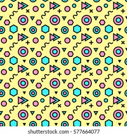 Trendy abstract geometric seamless pattern. Retro 80s or 90s memphis style. Vector hipster background with hexagons, triangles, circles, lines. 